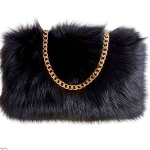 Faux Fur Black Purse with gold shoulder strap